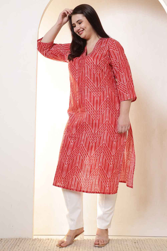 Plus Size Bold Red & White Print V Neck  Cotton Kurta