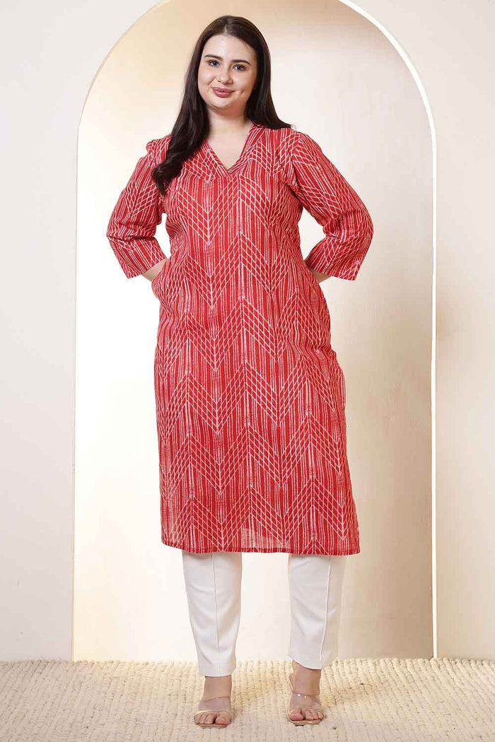 Plus Size Bold Red & White Print V Neck  Cotton Kurta