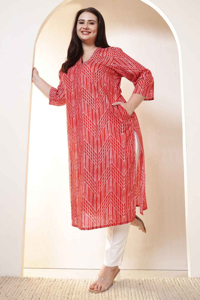 Plus Size Bold Red & White Print V Neck  Cotton Kurta