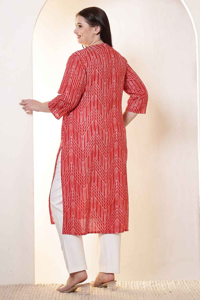 Plus Size Bold Red & White Print V Neck  Cotton Kurta
