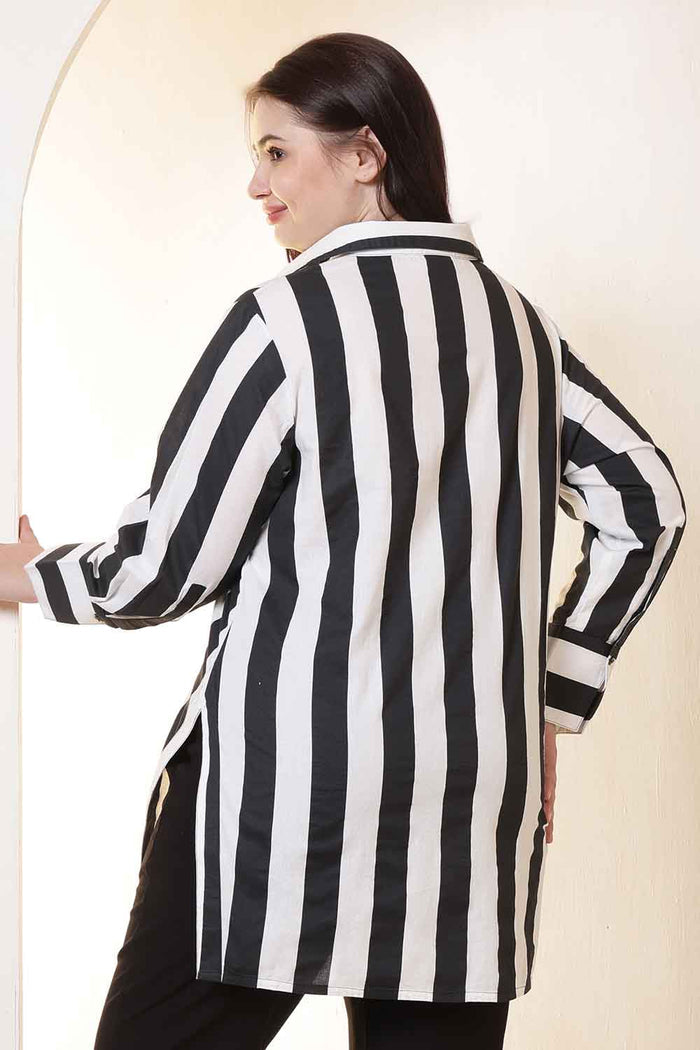 Plus Size Bold Stripe High Slit Styled Cuff Cotton Shirt