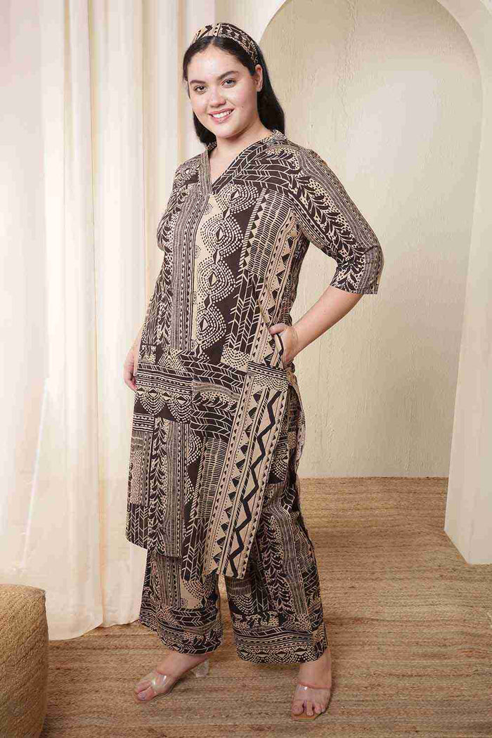 Plus Size Brown Black Printed Cotton Kurta Coord Set