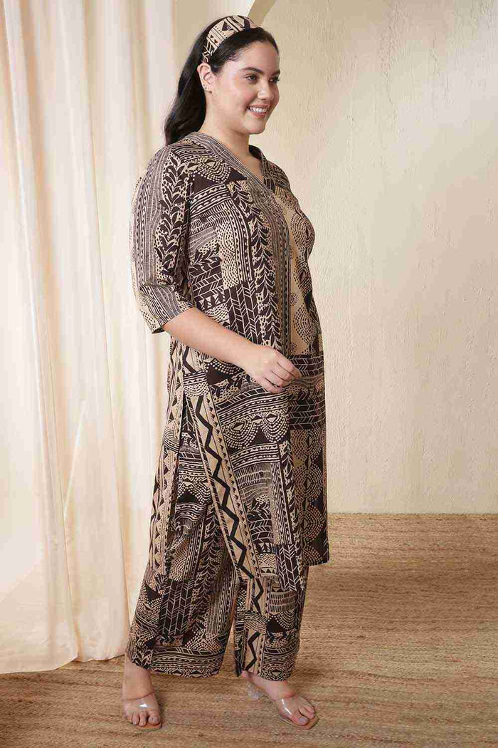 Plus Size Brown Black Printed Cotton Kurta Coord Set