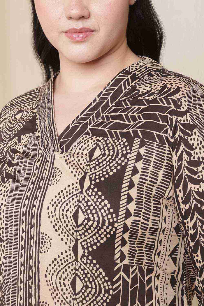 Plus Size Brown Black Printed Cotton Kurta Coord Set