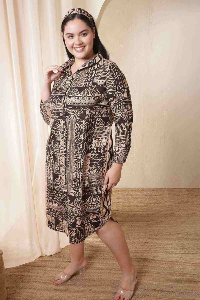 Plus Size Brown Black Printed Cotton Midi Shirt Dress