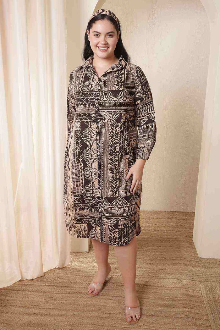 Plus Size Brown Black Printed Cotton Midi Shirt Dress