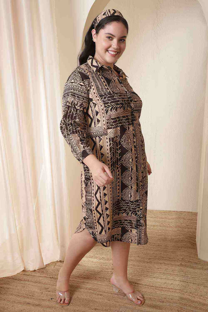 Plus Size Brown Black Printed Cotton Midi Shirt Dress