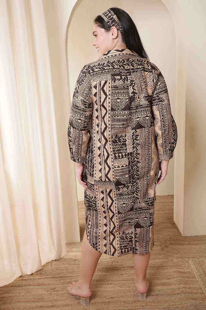 Plus Size Brown Black Printed Cotton Midi Shirt Dress
