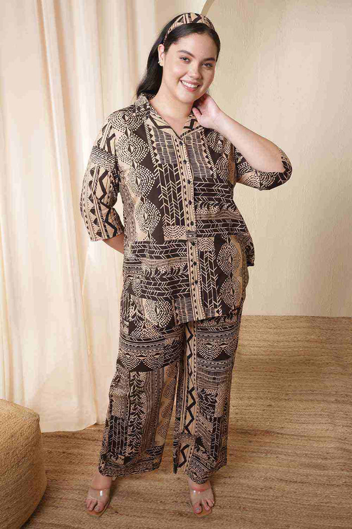 Plus Size Brown Black Printed Cotton Shirt Coord Set
