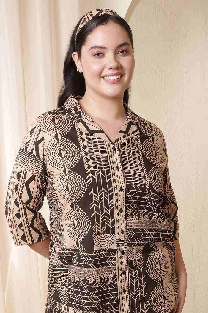 Plus Size Brown Black Printed Cotton Shirt Coord Set