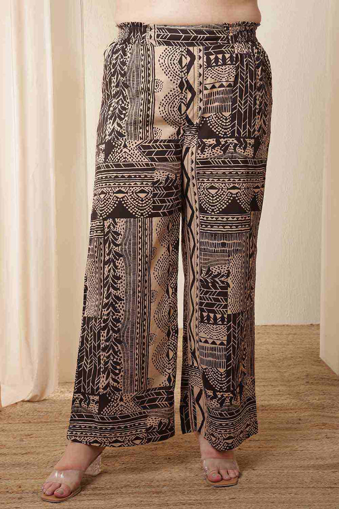 Plus Size Brown Black Printed Cotton Shirt Coord Set