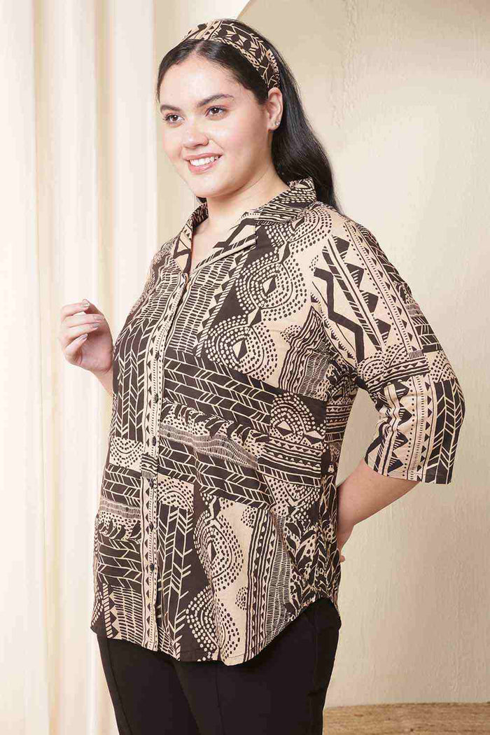 Plus Size Brown Black Printed Cuban Collar Cotton Shirt