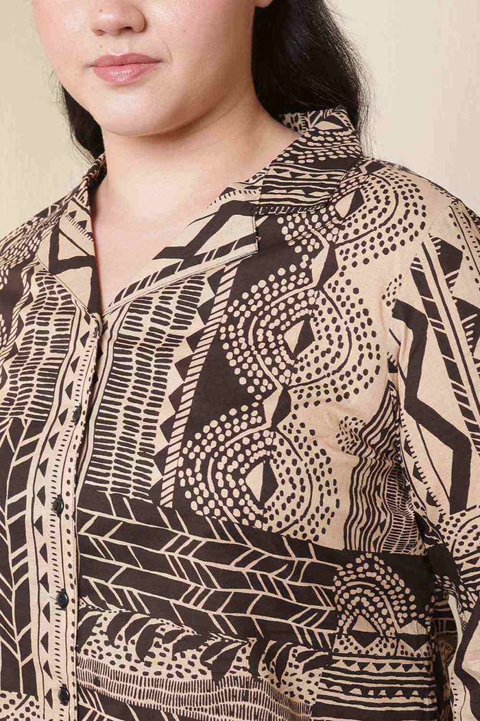 Plus Size Brown Black Printed Cuban Collar Cotton Shirt