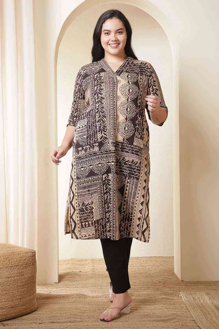 Plus Size Brown Black Printed V Neck Cotton Kurta
