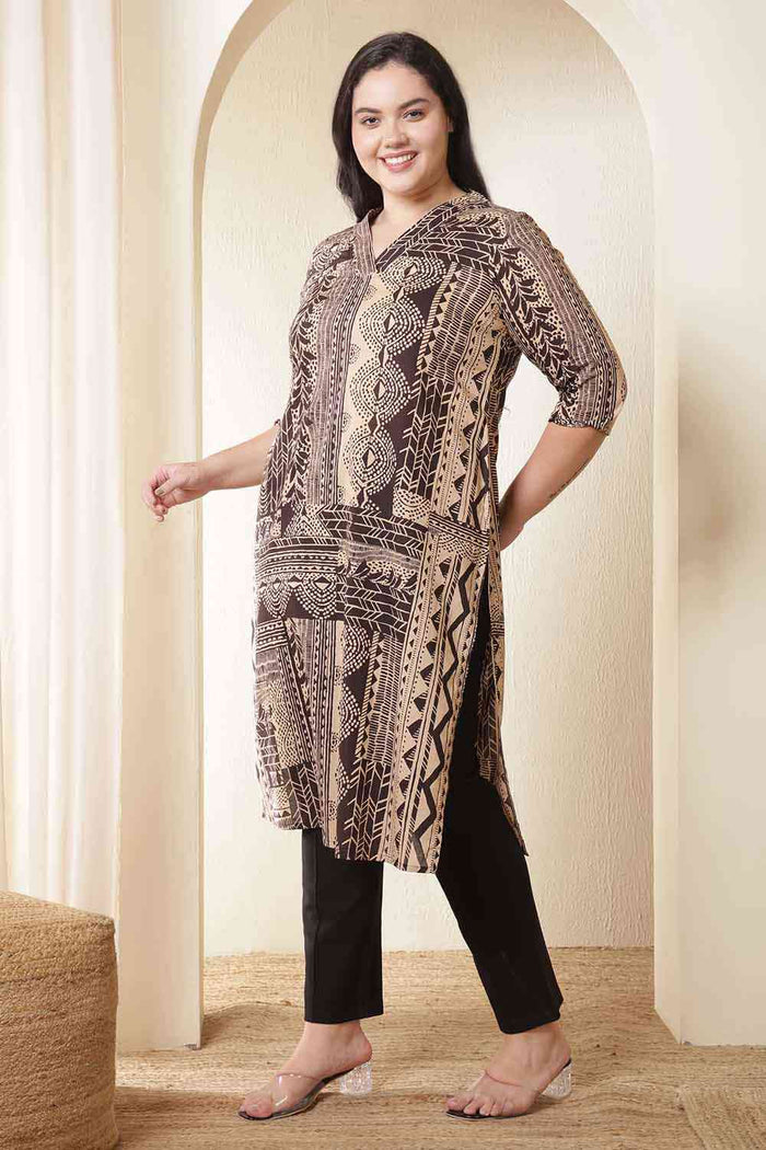 Plus Size Brown Black Printed V Neck Cotton Kurta