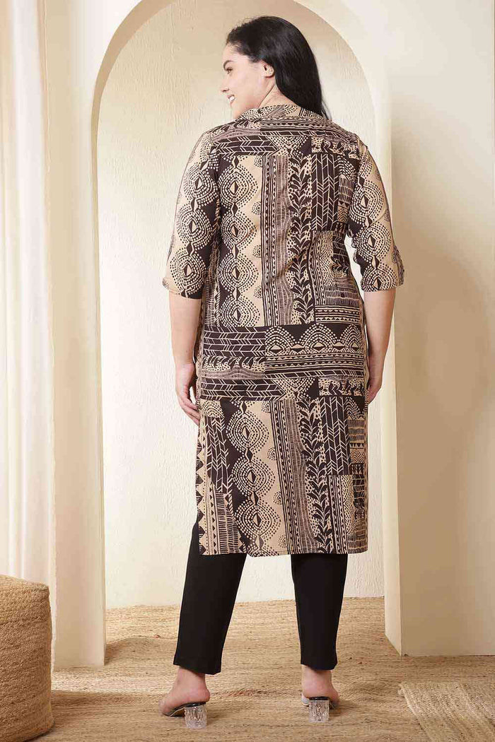 Plus Size Brown Black Printed V Neck Cotton Kurta