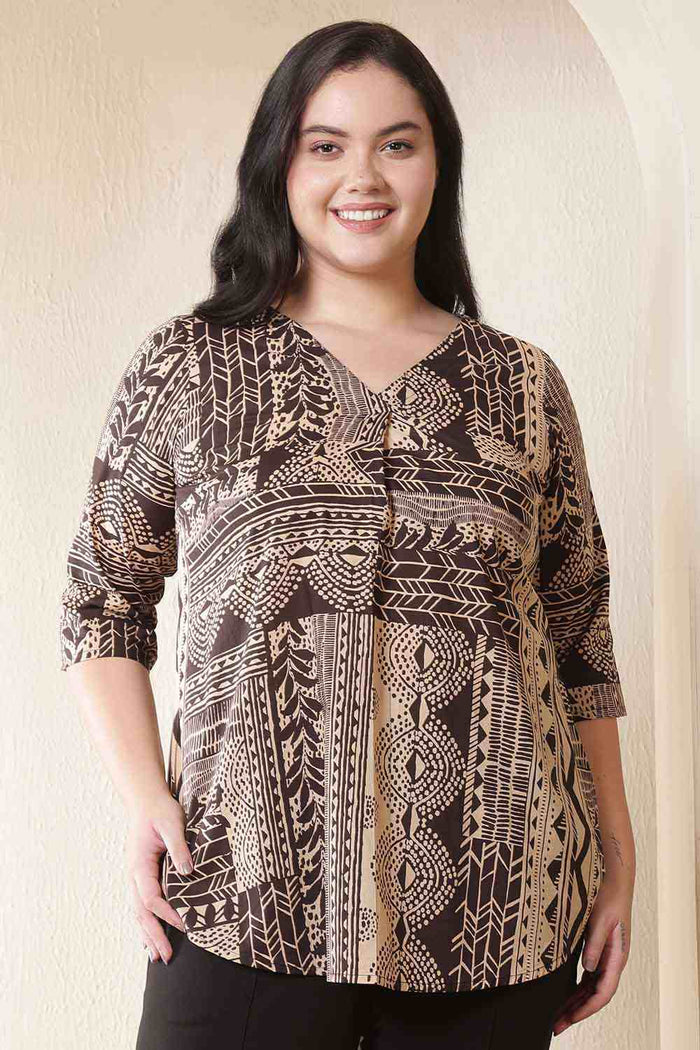 Plus Size Brown Black Printed V-Neck Cotton Top