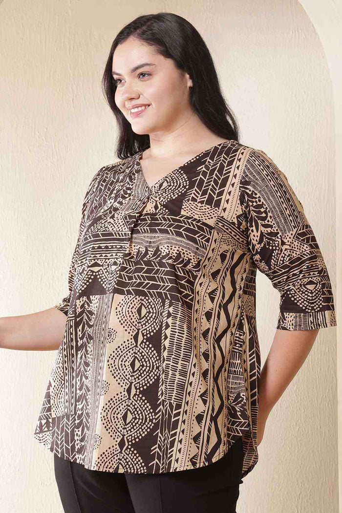 Plus Size Brown Black Printed V-Neck Cotton Top