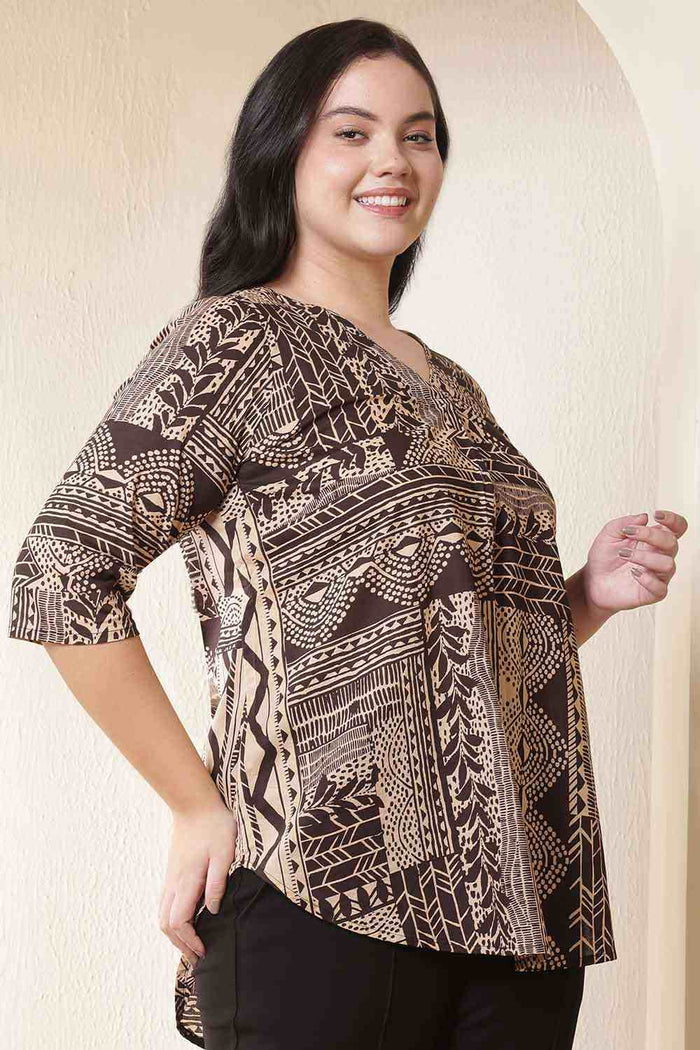 Plus Size Brown Black Printed V-Neck Cotton Top