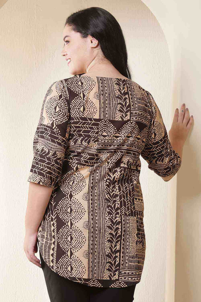 Plus Size Brown Black Printed V-Neck Cotton Top