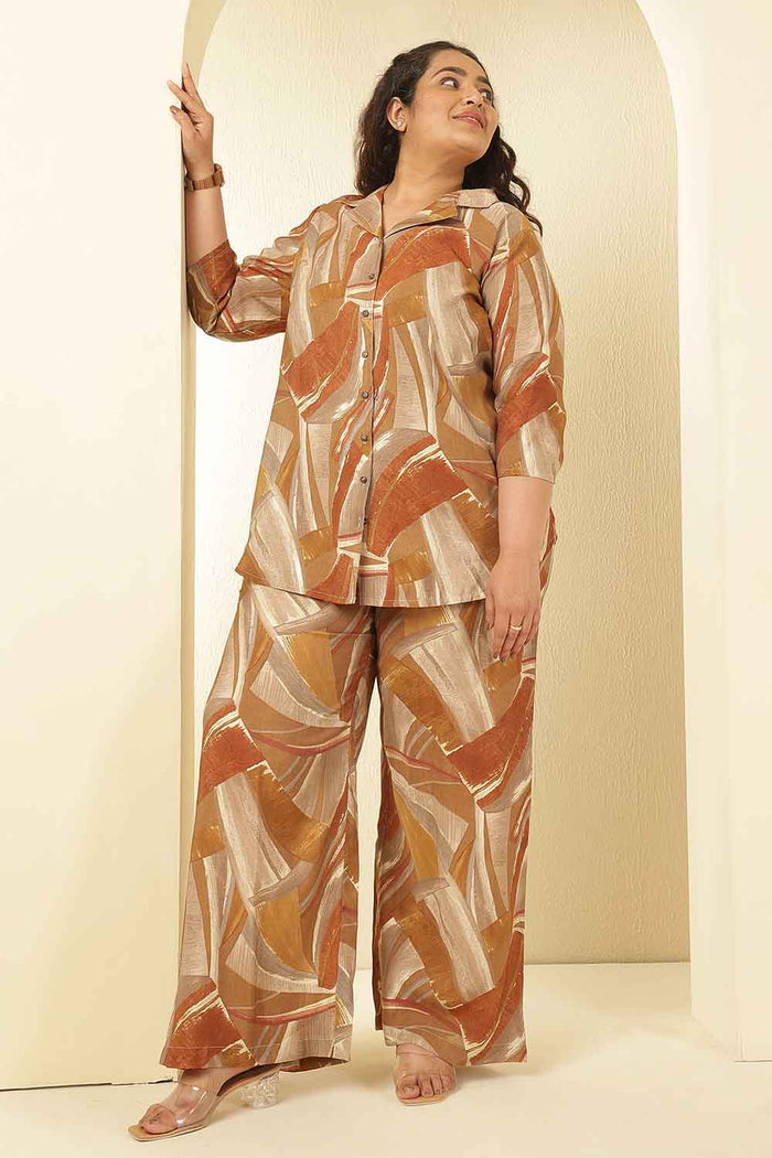 Plus Size Brown Printed Rayon Muslin Shirt Coord Set