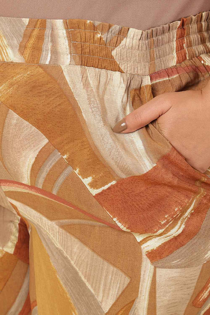 Plus Size Brown Printed Rayon Muslin Shirt Coord Set