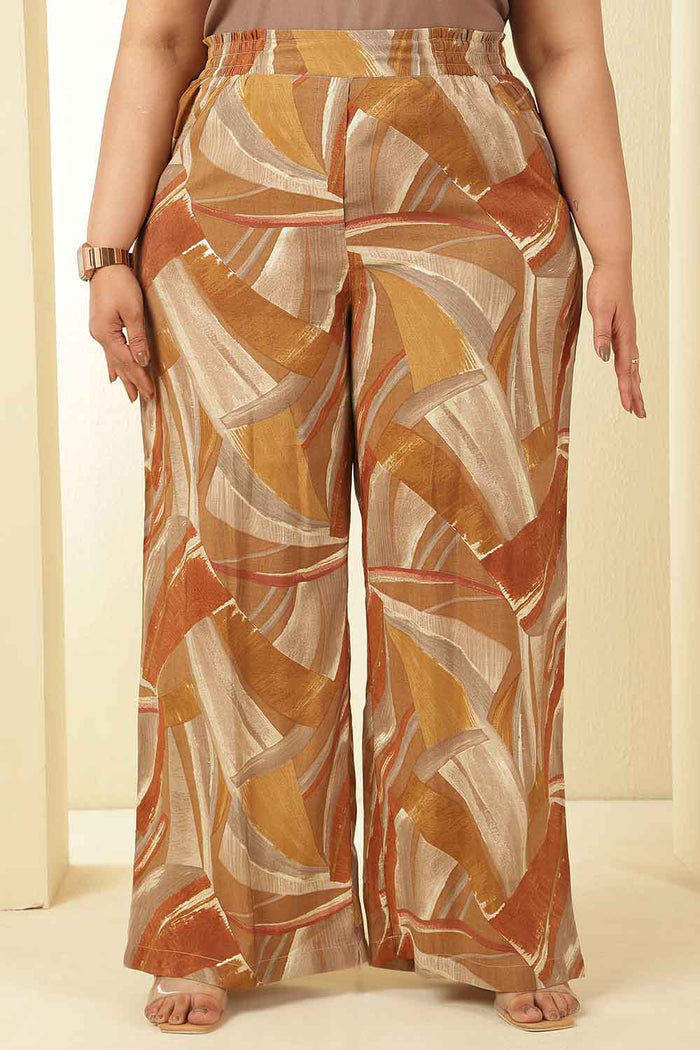 Plus Size Brown Printed Rayon Muslin Shirt Coord Set