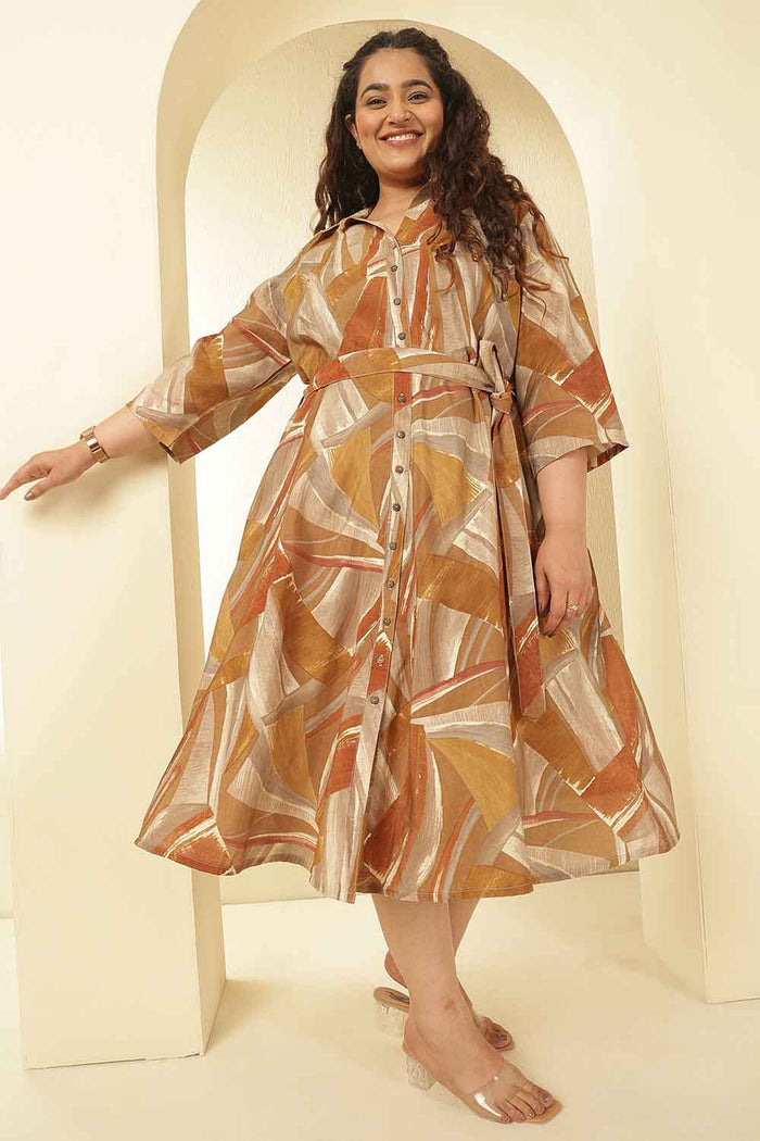 Plus Size Brown Printed Rayon Muslin Shirt Dress