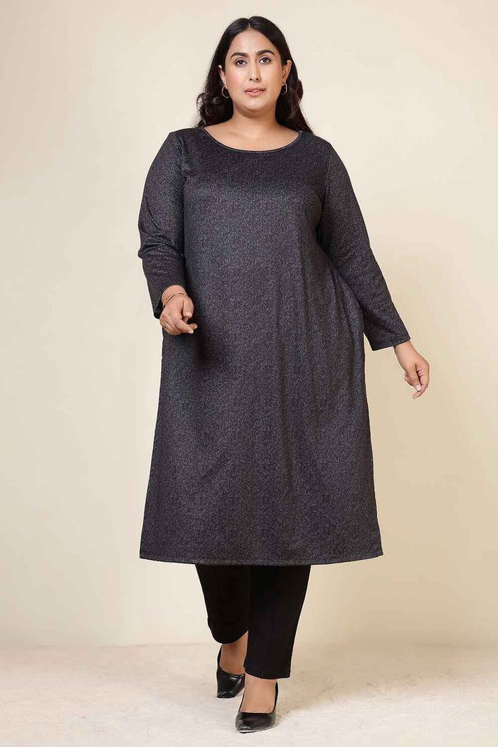 Plus Size Charcoal Grey Round Neck SnugWeave™ Winter Kurta