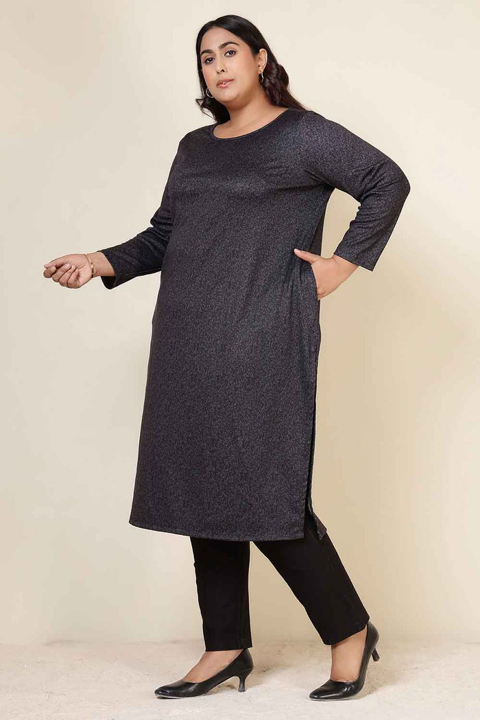 Plus Size Charcoal Grey Round Neck SnugWeave™ Winter Kurta