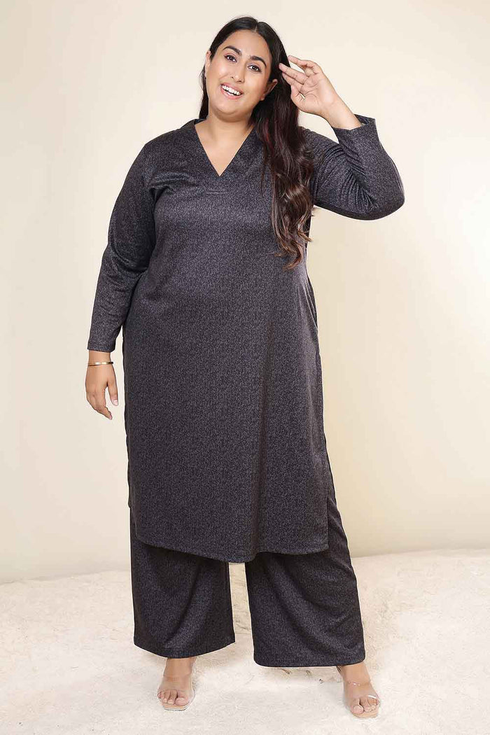 Plus Size Charcoal Grey SnugWeave™ Winter Kurta Coord Set