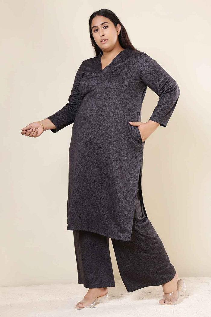 Plus Size Charcoal Grey SnugWeave™ Winter Kurta Coord Set