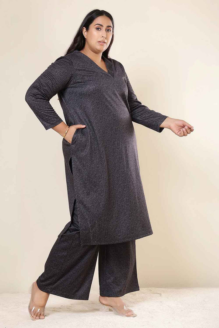 Plus Size Charcoal Grey SnugWeave™ Winter Kurta Coord Set