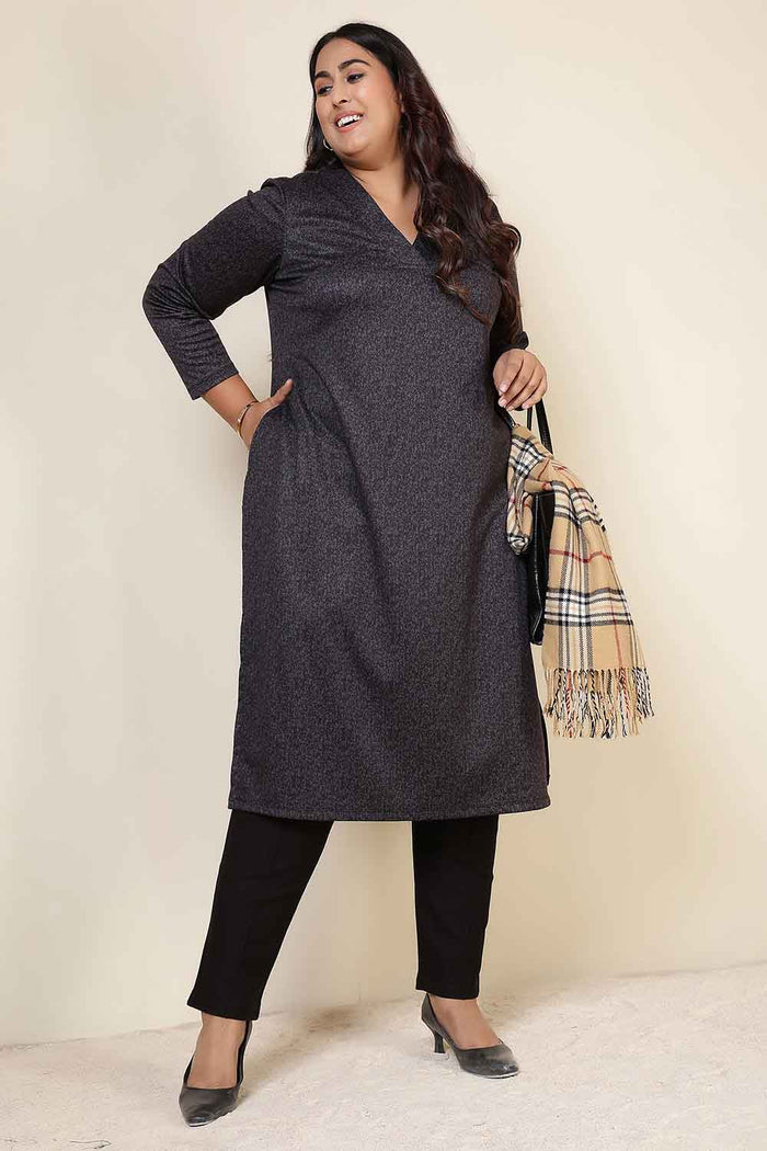 Plus Size Charcoal Grey V Neck SnugWeave™ Winter Kurta