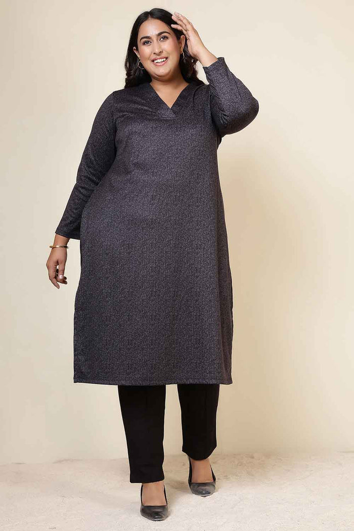 Plus Size Charcoal Grey V Neck SnugWeave™ Winter Kurta
