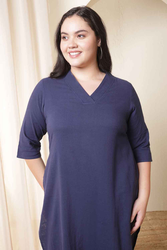 Plus Size Dark Blue Cotton Kurta Coord Set