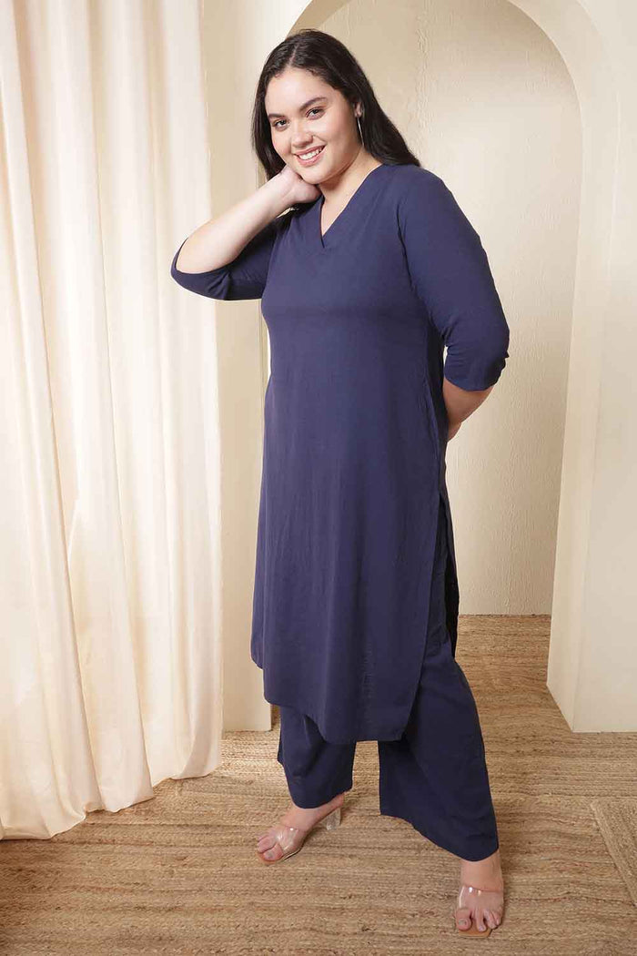 Plus Size Dark Blue Cotton Kurta Coord Set