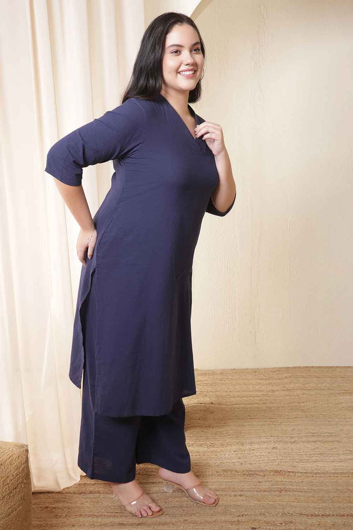 Plus Size Dark Blue Cotton Kurta Coord Set