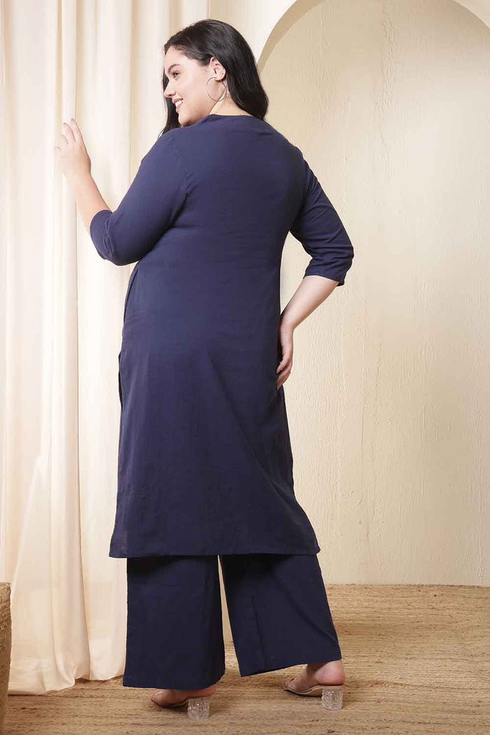 Plus Size Dark Blue Cotton Kurta Coord Set