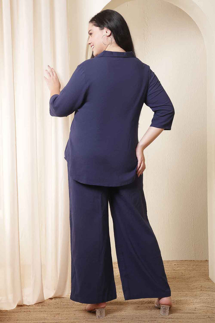 Plus Size Dark Blue Cotton Shirt Coord Set