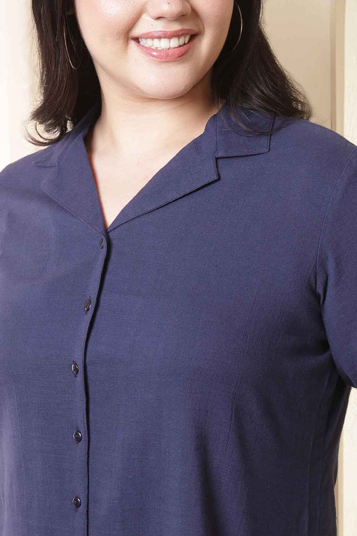 Plus Size Dark Blue Cotton Shirt Coord Set