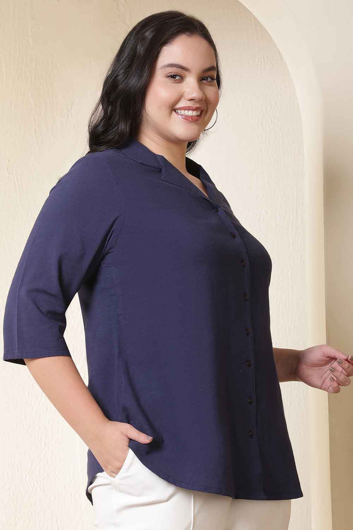 Plus Size Dark Blue Cuban Collar Cotton Shirt