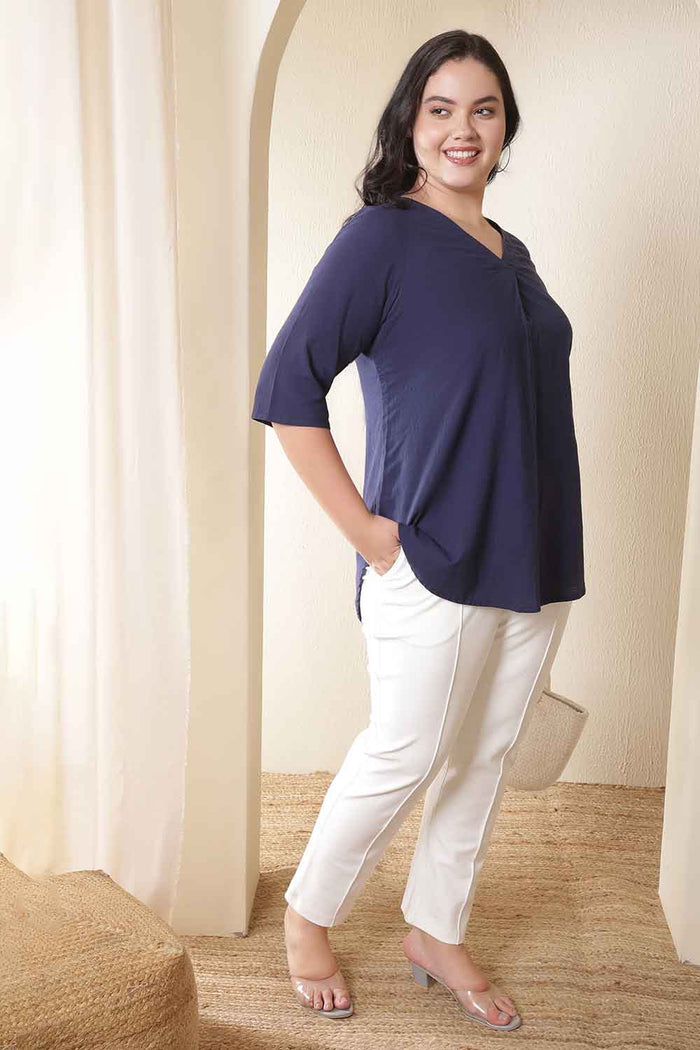 Plus Size Dark Blue V Neck Cotton Top