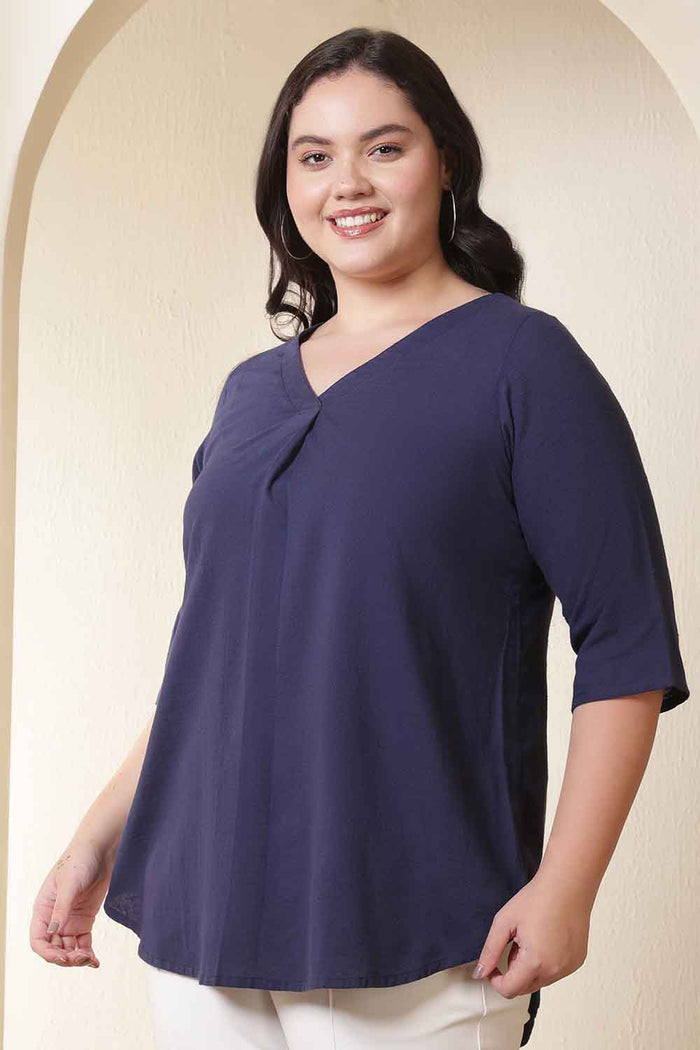 Plus Size Dark Blue V Neck Cotton Top