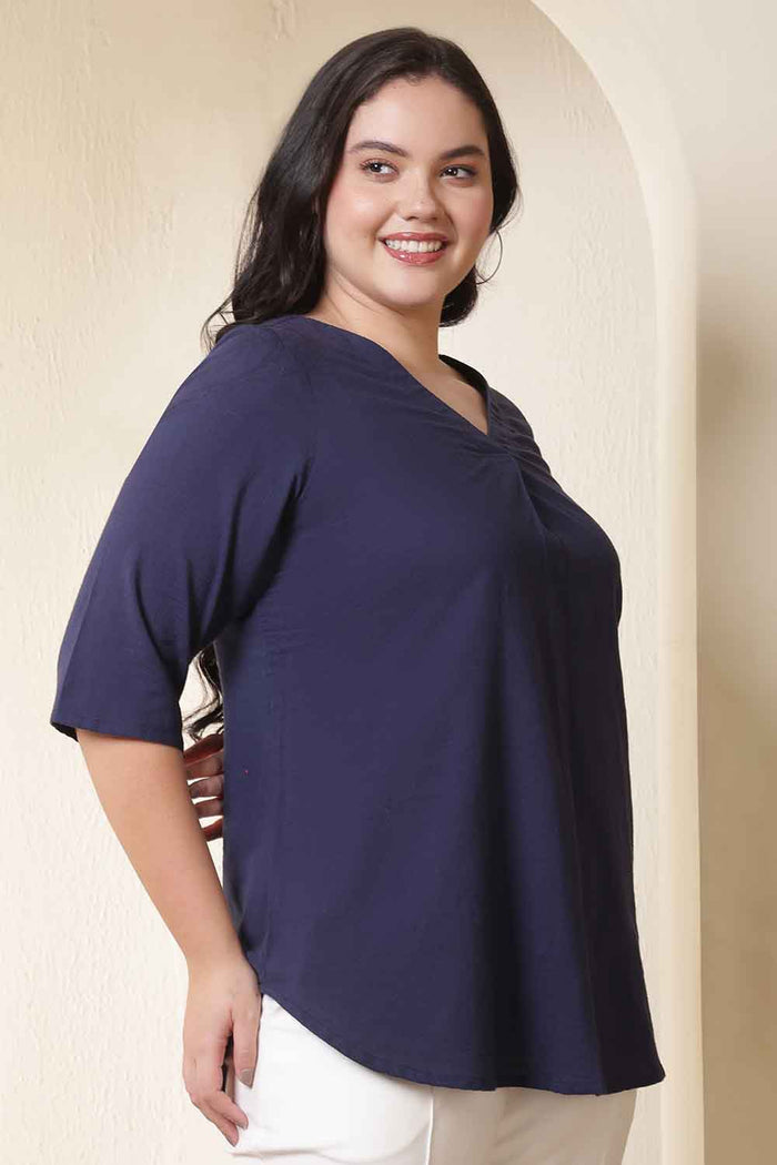 Plus Size Dark Blue V Neck Cotton Top