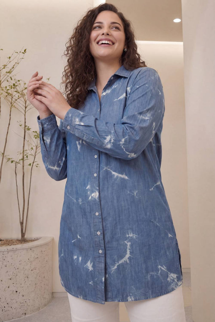 Plus Size Denim Cotton Shirt Marble Wash
