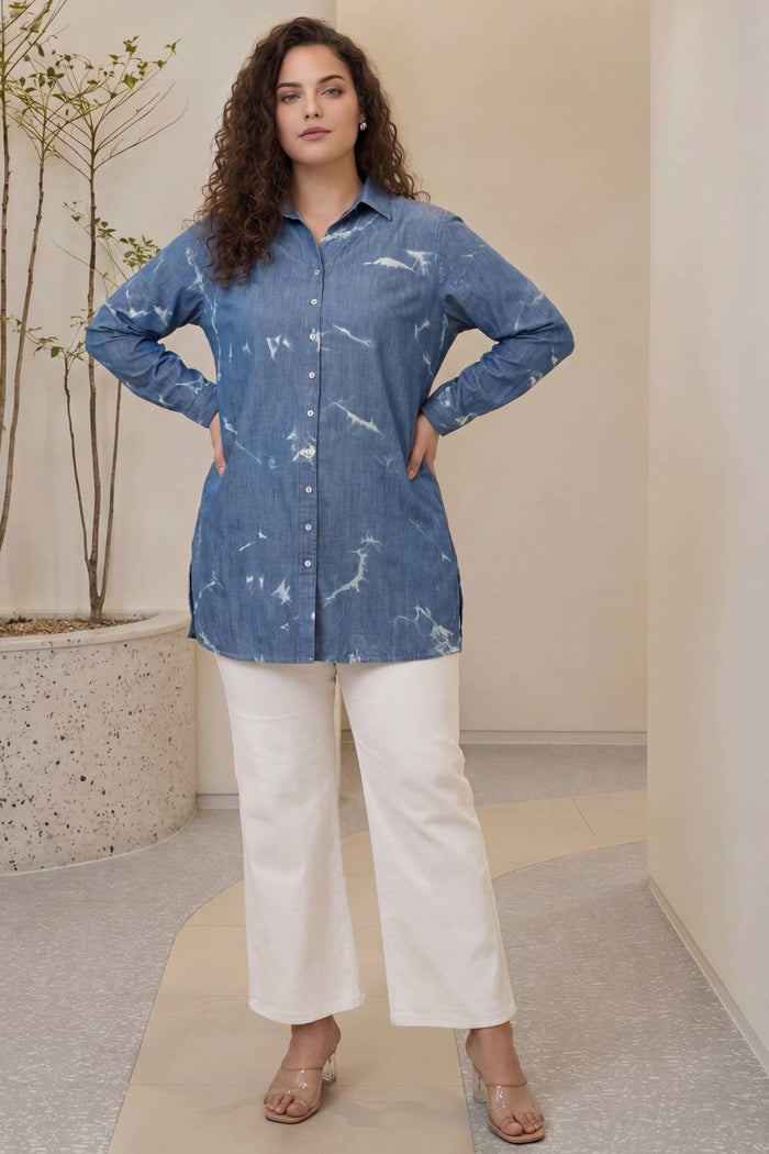 Plus Size Denim Cotton Shirt Marble Wash