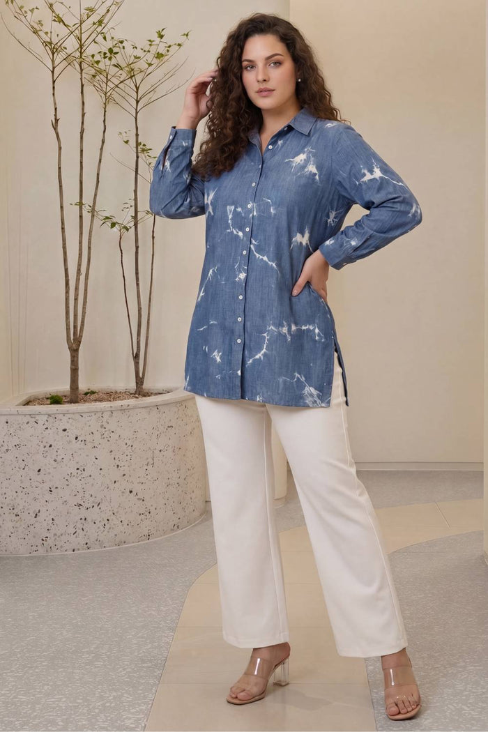 Plus Size Denim Cotton Shirt Marble Wash