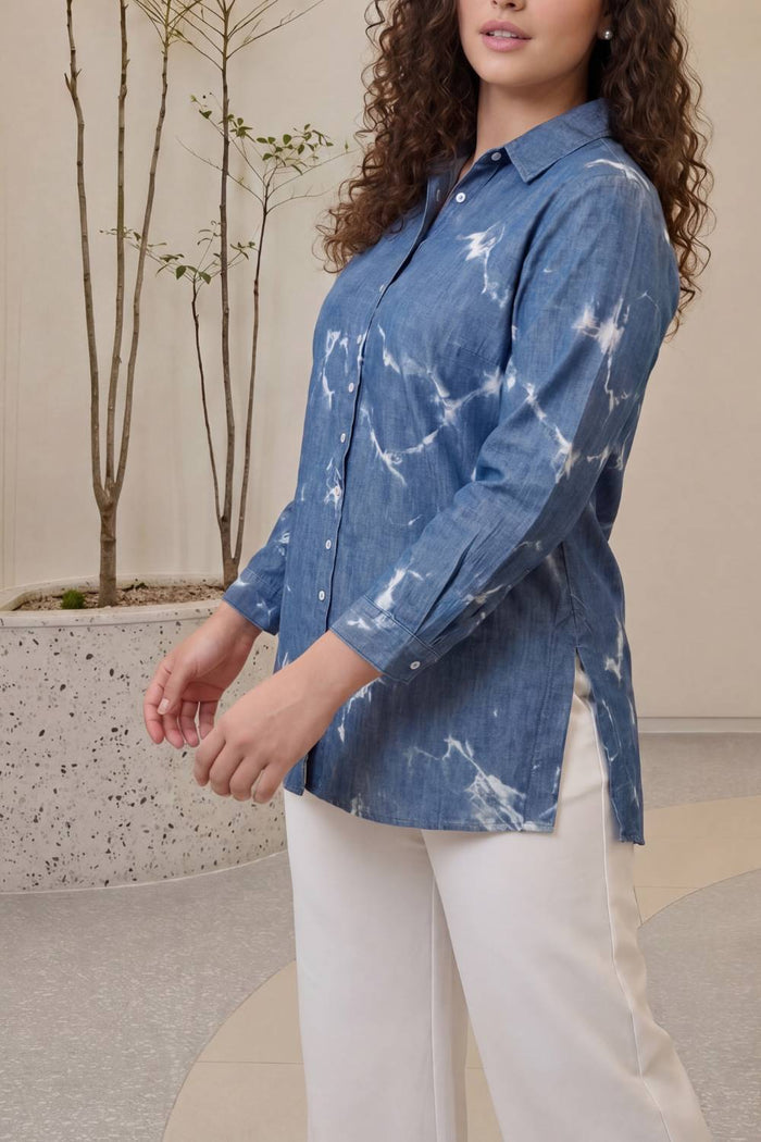 Plus Size Denim Cotton Shirt Marble Wash