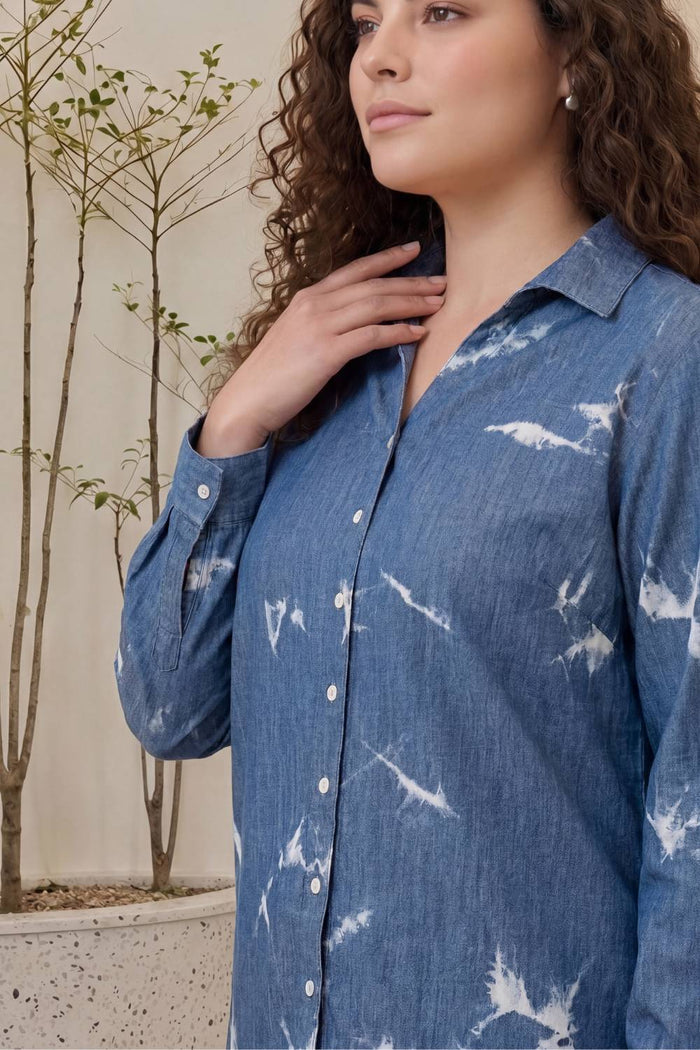 Plus Size Denim Cotton Shirt Marble Wash